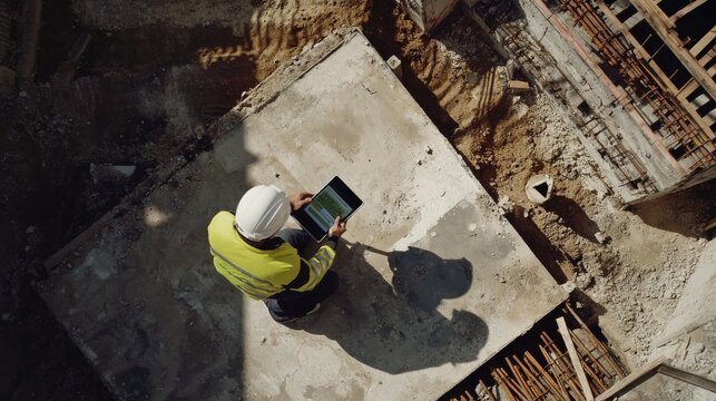 A drone operator surveying a construction site from above. Featuring technology and efficiency