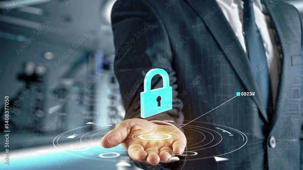 Poster businessman in suit presenting a holographic lock icon, symbolizing secure login, data encryption, a
