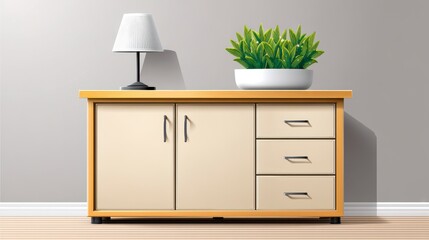 Cream Sideboard with Table Lamp and Potted Plant