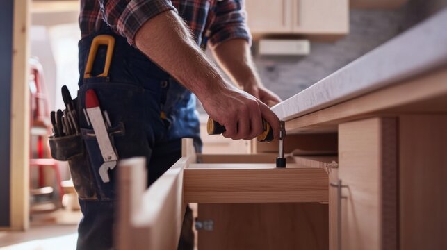 Carpenter installing a custom kitchen cabinet. Featuring craftsmanship and precision