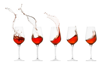 Red wine splashing in glasses on white background, set