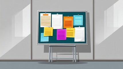 Colorful Papers and Sticky Notes on a Dark Gray Bulletin Board in Office Setting