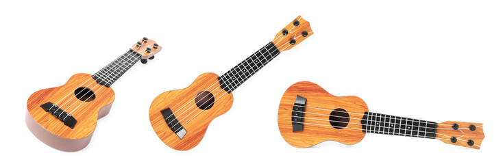 Toy guitar on white background, collage. Child's musical instrument