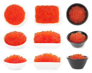 Red caviar in bowls isolated on white, set. Salmon roe
