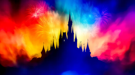 Fairytale castle silhouette with colorful fireworks exploding in night sky