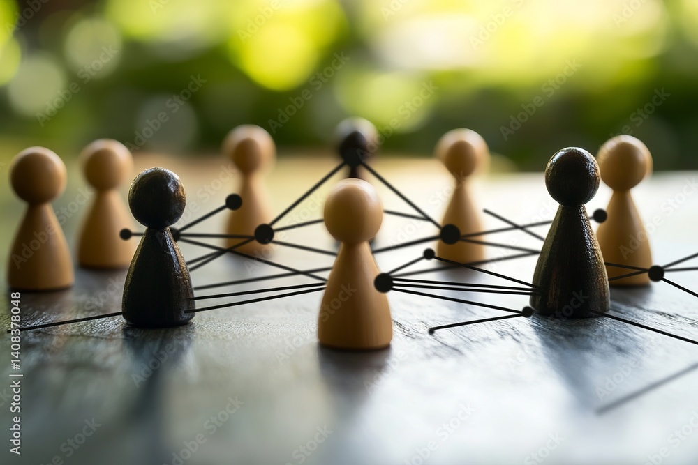 Aufkleber wooden figurines connected by lines creating a network on a reflective surface with a green backgrou