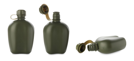 Green plastic hip flask isolated on white, collage