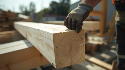 Carpenter installing wooden beams at a construction site. Featuring precision and care