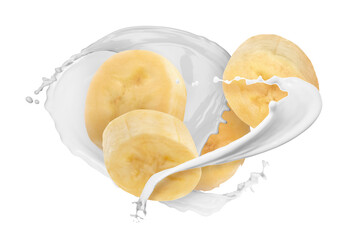 Splash of milk with banana pieces in air on white background