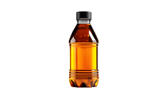 A plastic bottle filled with amber liquid against a black background