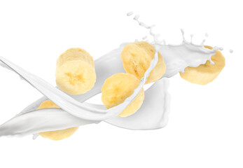 Splash of milk with banana pieces in air on white background