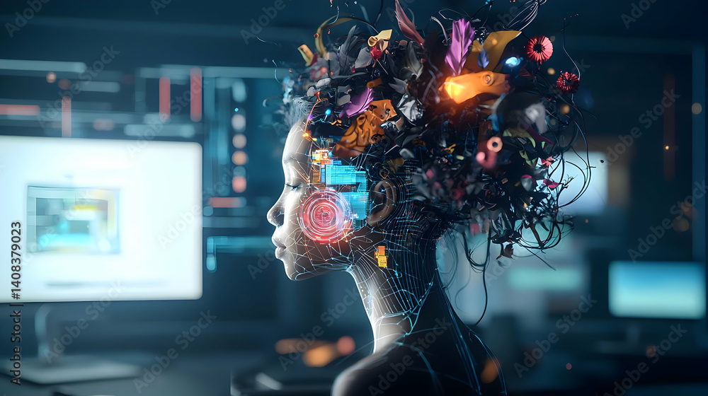 Poster a woman with pixelated face and colorful abstract data visualizations emanating from her head in a d