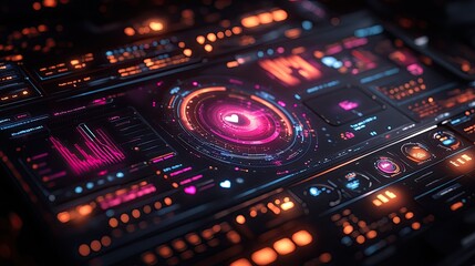 Futuristic interface displays data visualization and processing on a panel