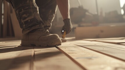 Fototapeta premium Carpenter installing wooden flooring at a construction site. Featuring skill and craftsmanship