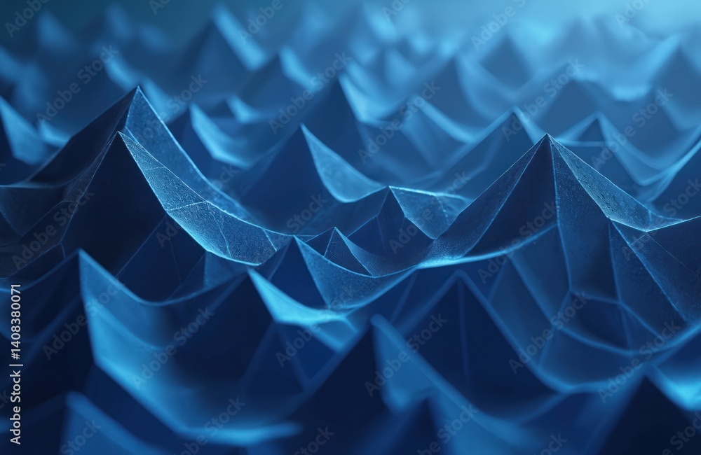 Poster 3D rendering with blue triangles pattern. Minimalistic pattern simple shapes similar to mountains. Bright creative symmetric texture. Perfect for design elements, modern digital art, tech backgrounds.