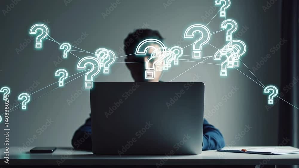 Poster Young professional programmer searching for solutions, experiencing complex challenges while working on laptop, deep in thought and navigating professional development challenges