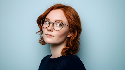 Fototapeta premium Portrait Of A Young Woman With Red Hair Wearing Glasses Looking Away Against A Blue Background