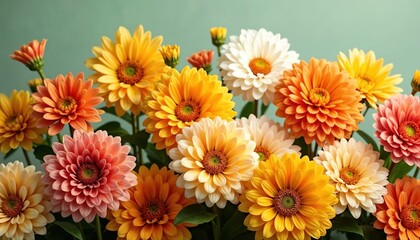 Bright orange flowers with green leaves and stems on a soft muted green background, greeting card for spring holidays