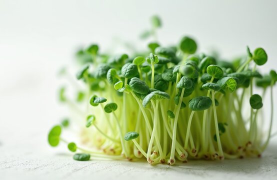 Close-up of fresh broccoli microgreens on light background. Healthy organic food, green sprouts, vegan ingredient. Ideal for healthy eating, diet, salad, raw food. Freshness concept. - Powered by Adobe