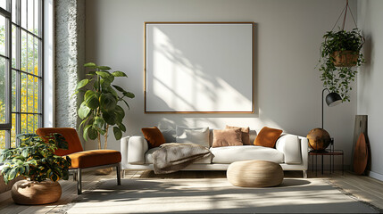 Autumn Living Room White Sofa with Potted Plants Minimalist Design.