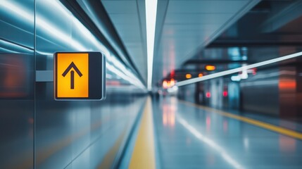 An upward-pointing sign in a modern subway station.