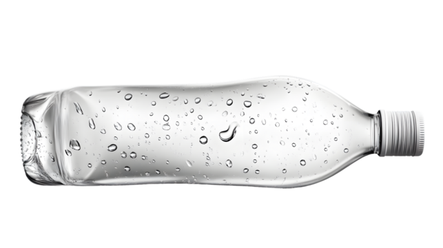 A transparent plastic bottle with water droplets on a black background ideal for hydration re
