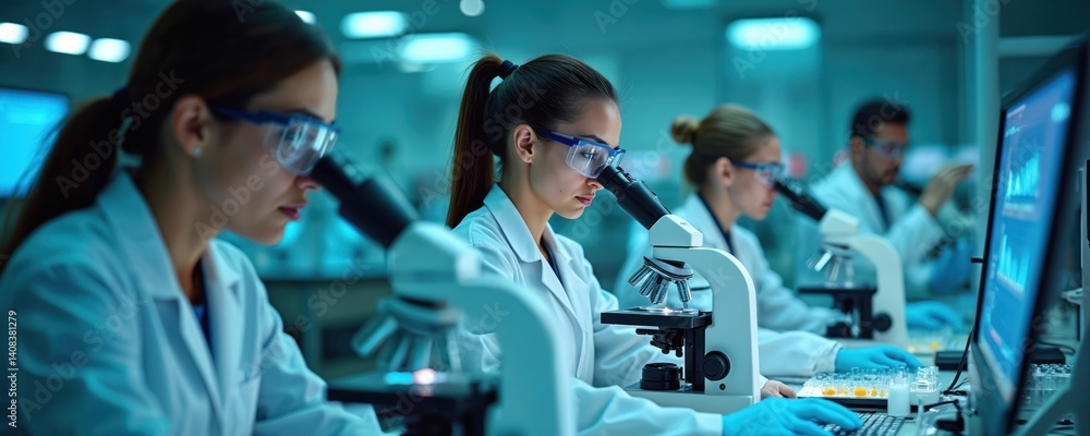 Poster scientists work modern laboratory. researchers, lab assistants analyze data using microscopes, compu