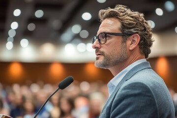 Public speaking event featuring a presenter engaging the audience with an inspiring speech at an indoor venue during the daytime