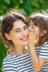 Fototapeta premium Happy child whispering a secret to her smiling mother in a park