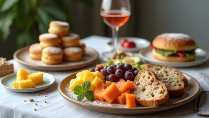 Assorted breakfast with fresh fruit, bread, donuts, and wine on table