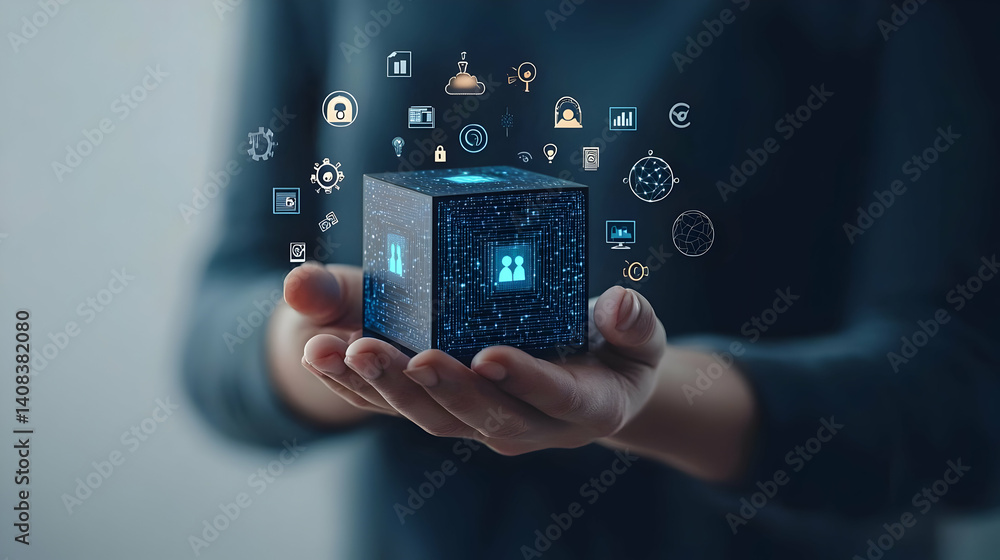Poster person holding illuminated digital cube with floating icons representing technology on dark backgrou
