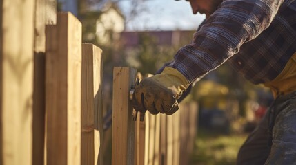 Carpenter installing a wooden fence in a backyard. Featuring precision and effort