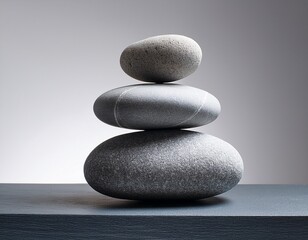Stack of three smooth, grey river stones balanced precariously, minimalist style, neutral background