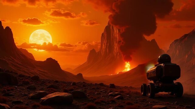 Exploring a volcanic landscape on an alien planet at sunset with a robotic rover