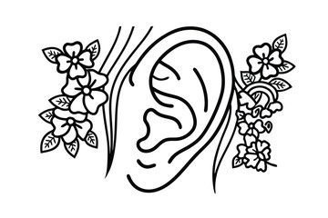 Ear Anatomy With Floral Decoration In Vector Outline Style Minimalist Medical And Beauty Illustration