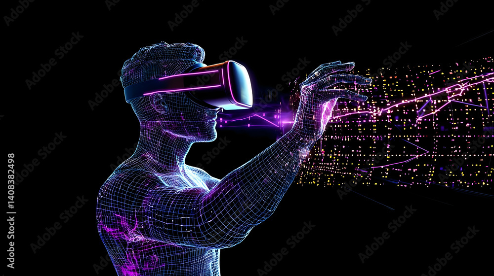 Poster pixelated human interacting with colorful data stream in virtual reality experience with vr headset 