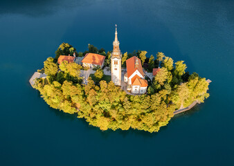 Aerial view of Lake Bled island on a summer morning, Bled, Slovenia