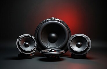 Powerful car audio system with subwoofer, speakers on black background. Modern music tech, isolated studio shot. Bass, volume control concept for autosound, stereo system entertainment.