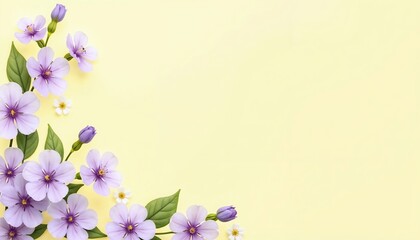 Bouquet of flowers placed on the left on a light yellow background with space for text. Banner, top view, flat lay