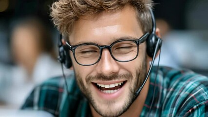 Enthusiastic male support agent with headset smiling, wearing glasses and flannel shirt, providing customer service help, close up
