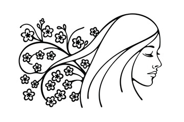 Elegant Woman Profile With Floral Accents Black And White Line Art Illustration For Beauty And Design Projects
