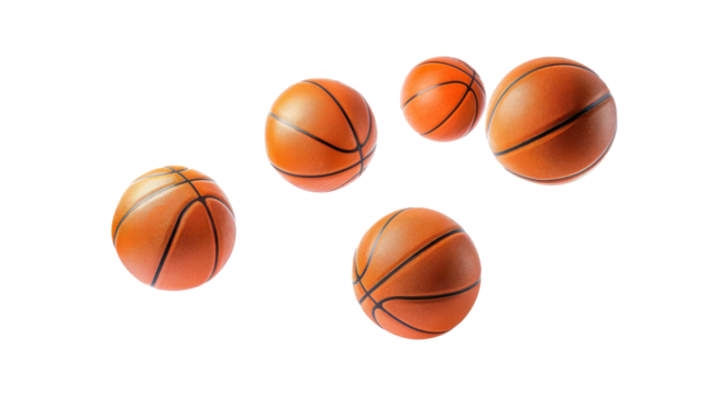 A collection of five basketballs in various positions against a plain background