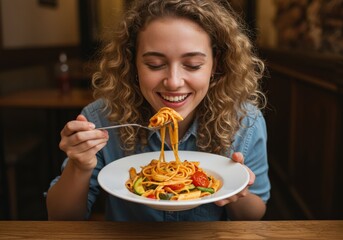 A happy woman with curly hair enjoys a plate of pasta at a restaurant setting.