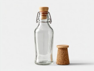 A clear glass bottle with a wooden cork and swing top, isolated on a white background, perfect for showcasing beverages or eco-friendly products in stylish packaging
