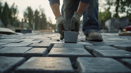 A landscape construction worker installing outdoor pavers. Featuring precision and urban design