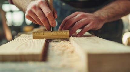 Carpenter measuring wood at a construction site. Featuring focus and precision