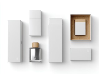 A minimalist product packaging design, isolated on a white background, emphasizing sleek lines and modern eco-friendly choices