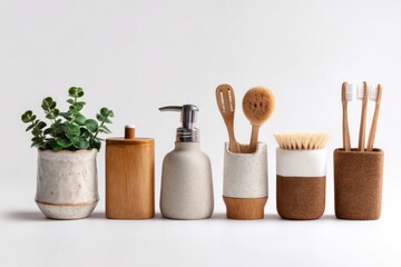 A row of eco-friendly household products on a white background, showcasing their practical and stylish designs for sustainable living