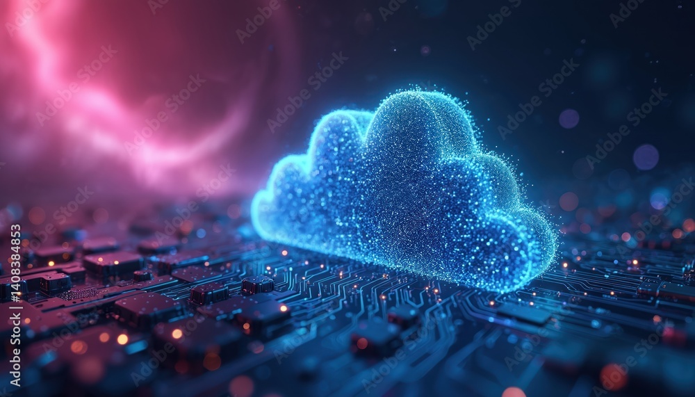 Poster Digital cloud computing, processing technology. Server connects cyberspace, security data online. Digital network, global access with security cloud computing data, protection innovation technology.