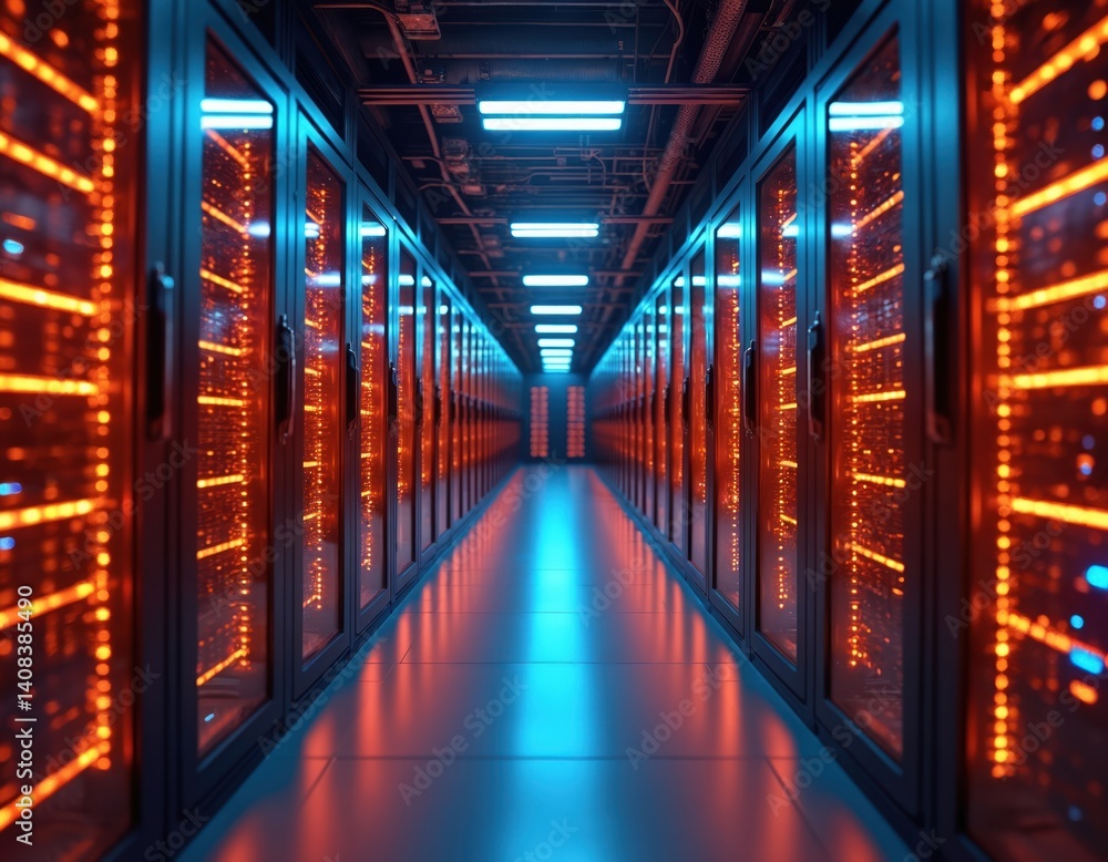 Poster Modern data center server racks with servers. Information technology tech, internet, hosting, cloud computing services, digital storage. Cyber security, data processing, information transfer and ai.